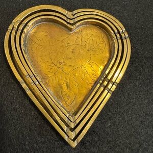 VTG set of 4 brass thin heart nesting etched w/floral designs trinket dishes